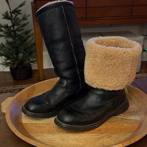 UGG Black Leather Boots with Tan Shearling Cuff